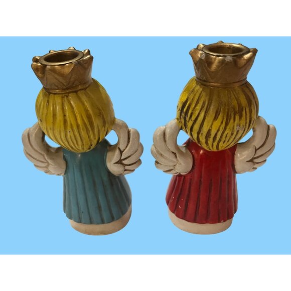 2 Homco  Angel Candleholders Red & Blue Dresses, Gold Crowns with Jewels 60-70's - Picture 2 of 11